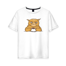 Женская футболка хлопок Oversize с принтом Grumpy Cat Coffee в Тюмени, 100% хлопок | свободный крой, круглый ворот, спущенный рукав, длина до линии бедер
 | cat | coffee | grumpy | hot | kitten | kitty | pussycat | ароматный | горячий | грампи | злой | киса | кот | котик | котэ | кофе | кофеек | кошка | кружка | милый | не выспался | недовольный | прикол | сердитый | сонный | чашка