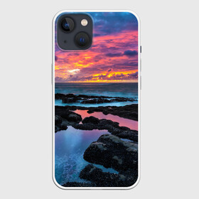 Чехол для iPhone 13 с принтом Закат в Тюмени,  |  | вечер | вода | волна | волны | восход | горизонт | запад | капли | крабы | луна | море | небо | ночь | облака | океан | оранжевая | оранжевый | остров | пейзаж | пляж | радуга | ракушки | рассвет | синий