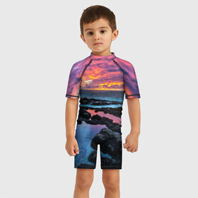 Детский купальный костюм 3D с принтом Закат в Тюмени, Полиэстер 85%, Спандекс 15% | застежка на молнии на спине | вечер | вода | волна | волны | восход | горизонт | запад | капли | крабы | луна | море | небо | ночь | облака | океан | оранжевая | оранжевый | остров | пейзаж | пляж | радуга | ракушки | рассвет | синий