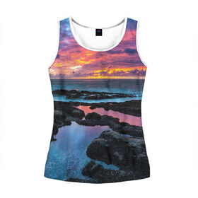Женская майка 3D с принтом Закат в Тюмени, 100% полиэстер | круглая горловина, прямой силуэт, длина до линии бедра | вечер | вода | волна | волны | восход | горизонт | запад | капли | крабы | луна | море | небо | ночь | облака | океан | оранжевая | оранжевый | остров | пейзаж | пляж | радуга | ракушки | рассвет | синий