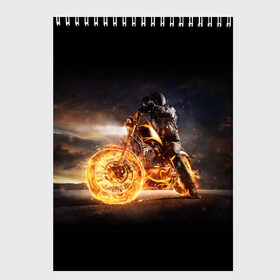 Скетчбук с принтом Flame в Тюмени, 100% бумага
 | 48 листов, плотность листов — 100 г/м2, плотность картонной обложки — 250 г/м2. Листы скреплены сверху удобной пружинной спиралью | fire | flame | helmet | motorcycle | night | racer | гонщик | мотоцикл | ночь | огонь | пламя | шлем