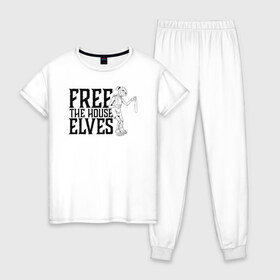Женская пижама хлопок с принтом Free the House Elves в Тюмени, 100% хлопок | брюки и футболка прямого кроя, без карманов, на брюках мягкая резинка на поясе и по низу штанин | dobby | harry potter | vdosadir | гарри поттер | джоан роулинг | добби