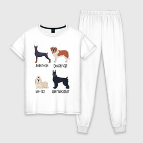 Женская пижама хлопок с принтом доберман ши-тцу в Тюмени, 100% хлопок | брюки и футболка прямого кроя, без карманов, на брюках мягкая резинка на поясе и по низу штанин | Тематика изображения на принте: доберман | песокафе | сенбернар | собаки | ши тцу