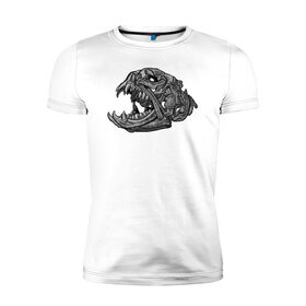 Мужская футболка премиум с принтом Архаичная рыба в Тюмени, 92% хлопок, 8% лайкра | приталенный силуэт, круглый вырез ворота, длина до линии бедра, короткий рукав | голова | гравюра | зубы | кости | рыба | скелет | череп