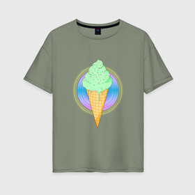 Женская футболка хлопок Oversize с принтом Мятное мороженое в Тюмени, 100% хлопок | свободный крой, круглый ворот, спущенный рукав, длина до линии бедер
 | вафля | вкусно | круг | лето | мороженое | подтеки | посыпка | свечение | сладости