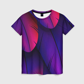 Женская футболка 3D с принтом Tropics в Тюмени, 100% полиэфир ( синтетическое хлопкоподобное полотно) | прямой крой, круглый вырез горловины, длина до линии бедер | purple | абстрактный | абстракция | геометрический рисунок | геометрия | индиго | корея | кружево | листья | лого | неон | неоновая | неоновое | неоновые листья | неоновый | пальмы | рисунок | текстура