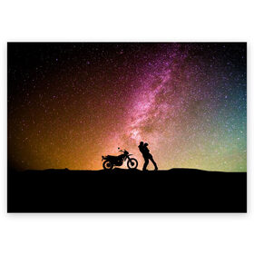 Поздравительная открытка с принтом Звёздный пейзаж в Тюмени, 100% бумага | плотность бумаги 280 г/м2, матовая, на обратной стороне линовка и место для марки
 | astronomy | байк | вселенная | звезда | звёзды | космос | любовь | люди | мопед | мото | мотоцикл | пейзаж | свидание | человек