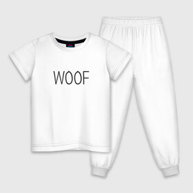 Детская пижама хлопок с принтом Woof в Тюмени, 100% хлопок |  брюки и футболка прямого кроя, без карманов, на брюках мягкая резинка на поясе и по низу штанин
 | Тематика изображения на принте: woof | животные | звери | надпись | пёс | песокафе | питомцы | собака | собаки | собачка | щенок