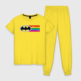 Женская пижама хлопок с принтом Batman Rainbow Logo в Тюмени, 100% хлопок | брюки и футболка прямого кроя, без карманов, на брюках мягкая резинка на поясе и по низу штанин | Тематика изображения на принте: batman | dc pride | justice league | pride | vdosadir | бэтмен | лига справедливости | прайд | радуга