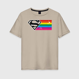 Женская футболка хлопок Oversize с принтом Superman Rainbow Logo в Тюмени, 100% хлопок | свободный крой, круглый ворот, спущенный рукав, длина до линии бедер
 | Тематика изображения на принте: dc pride | justice league | pride | superman | vdosadir | лига справедливости | прайд | радуга | супермен