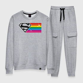 Женский костюм хлопок с принтом Superman Rainbow Logo в Тюмени, 100% хлопок | на свитшоте круглая горловина, мягкая резинка по низу. Брюки заужены к низу, на них два вида карманов: два 