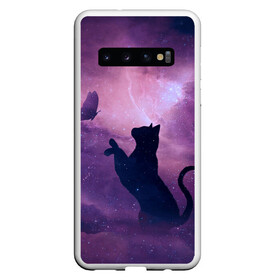 Чехол для Samsung Galaxy S10 с принтом Кошка играет с бабочкой в Тюмени, Силикон | Область печати: задняя сторона чехла, без боковых панелей | cosmic stars | атмосфера | звезды | катята .cats | кошка играет с бабочкой | кошки | небо | скафандр