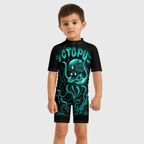 Детский купальный костюм 3D с принтом Осьминог Джин в Тюмени, Полиэстер 85%, Спандекс 15% | застежка на молнии на спине | водолаз | джин | осьминог | подводный мир | потерялся