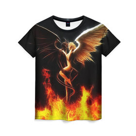 Женская футболка 3D с принтом Angel and demon в Тюмени, 100% полиэфир ( синтетическое хлопкоподобное полотно) | прямой крой, круглый вырез горловины, длина до линии бедер | добро и зло. | крылья | рога | хвост | чистый и тёмный