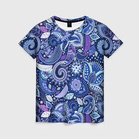 Женская футболка 3D с принтом ВОСТОЧНЫЙ УЗОР в Тюмени, 100% полиэфир ( синтетическое хлопкоподобное полотно) | прямой крой, круглый вырез горловины, длина до линии бедер | восток | гжель | красивый | природа | синий | сказка | узор | фиолетовый | цветы