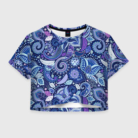Женская футболка Crop-top 3D с принтом ВОСТОЧНЫЙ УЗОР в Тюмени, 100% полиэстер | круглая горловина, длина футболки до линии талии, рукава с отворотами | восток | гжель | красивый | природа | синий | сказка | узор | фиолетовый | цветы