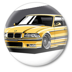 Значок с принтом BMW E36 в Тюмени,  металл | круглая форма, металлическая застежка в виде булавки | Тематика изображения на принте: bmw | e36 | арт машина | бмв | быстрая машина | красивая машина | машина