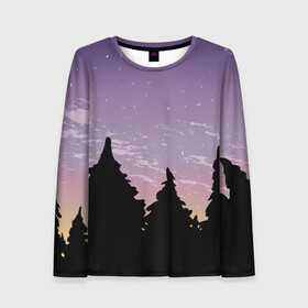 Женский лонгслив 3D с принтом Лес под ночным небом в Тюмени, 100% полиэстер | длинные рукава, круглый вырез горловины, полуприлегающий силуэт | вечер | градиент | закат | звездное небо | звезды | лес | небо | очертание | очертание леса | сумерки | тайга | фиолетовый | черный