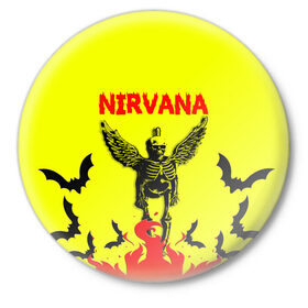 Значок с принтом NIRVANA в Тюмени,  металл | круглая форма, металлическая застежка в виде булавки | nirvana | smile | ангел | курт кобейн | нирвана | скелет | смайл | телечия мышы