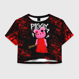 Женская футболка Crop-top 3D с принтом ROBLOX PIGGY - СВИНКА ПИГГИ в Тюмени, 100% полиэстер | круглая горловина, длина футболки до линии талии, рукава с отворотами | pig | piggy | roblox | игра | компьютерная игра | логотип | онлайн | онлайн игра | пигги | поросенок | роблакс | роблокс | свинка | свинья