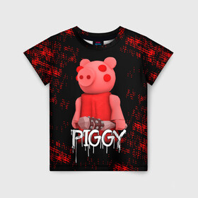 Детская футболка 3D с принтом ROBLOX PIGGY - СВИНКА ПИГГИ в Тюмени, 100% гипоаллергенный полиэфир | прямой крой, круглый вырез горловины, длина до линии бедер, чуть спущенное плечо, ткань немного тянется | pig | piggy | roblox | игра | компьютерная игра | логотип | онлайн | онлайн игра | пигги | поросенок | роблакс | роблокс | свинка | свинья