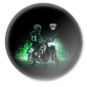 Значок с принтом Kawasaki Ninja Cup в Тюмени,  металл | круглая форма, металлическая застежка в виде булавки | cup | helmet | japan | kawasaki | motorcycle | night | ninja | racer | гонщик | кубок | мотоцикл | ночь | шлем | япония