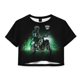 Женская футболка Crop-top 3D с принтом Kawasaki Ninja Cup в Тюмени, 100% полиэстер | круглая горловина, длина футболки до линии талии, рукава с отворотами | cup | helmet | japan | kawasaki | motorcycle | night | ninja | racer | гонщик | кубок | мотоцикл | ночь | шлем | япония