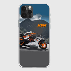 Чехол для iPhone 12 Pro с принтом KTM Racing team в Тюмени, силикон | область печати: задняя сторона чехла, без боковых панелей | clouds | ktm | motorcycle | mountains | nature | racer | racing | route | sky | team | гонщик | горы | мотоцикл | небо | облака | природа | трасса