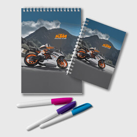 Блокнот с принтом KTM Racing team в Тюмени, 100% бумага | 48 листов, плотность листов — 60 г/м2, плотность картонной обложки — 250 г/м2. Листы скреплены удобной пружинной спиралью. Цвет линий — светло-серый
 | clouds | ktm | motorcycle | mountains | nature | racer | racing | route | sky | team | гонщик | горы | мотоцикл | небо | облака | природа | трасса