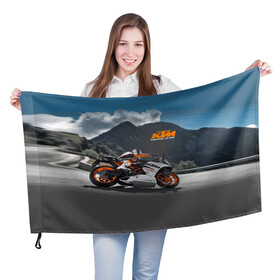 Флаг 3D с принтом KTM Racing team в Тюмени, 100% полиэстер | плотность ткани — 95 г/м2, размер — 67 х 109 см. Принт наносится с одной стороны | clouds | ktm | motorcycle | mountains | nature | racer | racing | route | sky | team | гонщик | горы | мотоцикл | небо | облака | природа | трасса