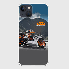 Чехол для iPhone 13 с принтом KTM Racing team в Тюмени,  |  | clouds | ktm | motorcycle | mountains | nature | racer | racing | route | sky | team | гонщик | горы | мотоцикл | небо | облака | природа | трасса