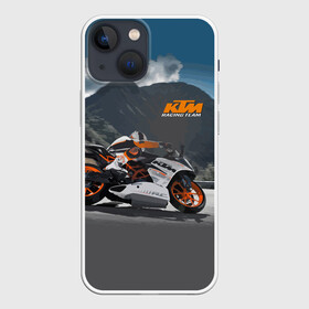 Чехол для iPhone 13 mini с принтом KTM Racing team в Тюмени,  |  | clouds | ktm | motorcycle | mountains | nature | racer | racing | route | sky | team | гонщик | горы | мотоцикл | небо | облака | природа | трасса