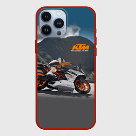 Чехол для iPhone 13 Pro Max с принтом KTM Racing team в Тюмени,  |  | Тематика изображения на принте: clouds | ktm | motorcycle | mountains | nature | racer | racing | route | sky | team | гонщик | горы | мотоцикл | небо | облака | природа | трасса