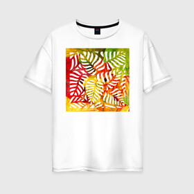 Женская футболка хлопок Oversize с принтом Листья в Тюмени, 100% хлопок | свободный крой, круглый ворот, спущенный рукав, длина до линии бедер
 | autum | leaves | summer | желтый | зеленый | красный | лето | листья | осень | растительный орнамент