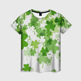 Женская футболка 3D с принтом Клеверный дождь в Тюмени, 100% полиэфир ( синтетическое хлопкоподобное полотно) | прямой крой, круглый вырез горловины, длина до линии бедер | белый | дождь | зеленый | клевер | много клевера | удача