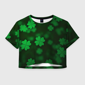 Женская футболка Crop-top 3D с принтом Клеверный дождь в Тюмени, 100% полиэстер | круглая горловина, длина футболки до линии талии, рукава с отворотами | арт | зеленый | клевер | ночь | размыто | рисунок | темный | удача