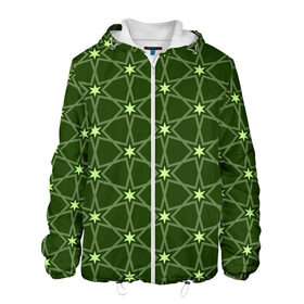 Мужская куртка 3D с принтом Зеленые звёзды в Тюмени, ткань верха — 100% полиэстер, подклад — флис | прямой крой, подол и капюшон оформлены резинкой с фиксаторами, два кармана без застежек по бокам, один большой потайной карман на груди. Карман на груди застегивается на липучку | вертикальный рисунок | звёзды | зеленый | отражение | темный