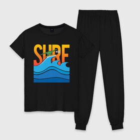 Женская пижама хлопок с принтом SURF DINO в Тюмени, 100% хлопок | брюки и футболка прямого кроя, без карманов, на брюках мягкая резинка на поясе и по низу штанин | dino | summer | surf | волны | дино | динозавр | лето | море | серфинг