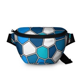 Поясная сумка 3D с принтом Ледяной витраж в Тюмени, 100% полиэстер | плотная ткань, ремень с регулируемой длиной, внутри несколько карманов для мелочей, основное отделение и карман с обратной стороны сумки застегиваются на молнию | витраж | геометрия | зенит | сетка | синий | соты | футбол