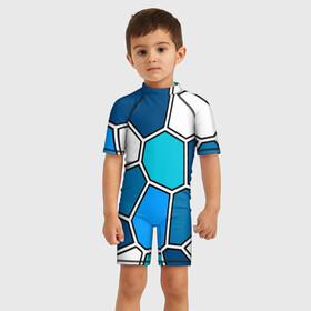 Детский купальный костюм 3D с принтом Ледяной витраж в Тюмени, Полиэстер 85%, Спандекс 15% | застежка на молнии на спине | витраж | геометрия | зенит | сетка | синий | соты | футбол