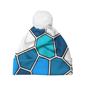 Шапка 3D c помпоном с принтом Ледяной витраж в Тюмени, 100% полиэстер | универсальный размер, печать по всей поверхности изделия | витраж | геометрия | зенит | сетка | синий | соты | футбол