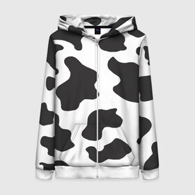 Женская толстовка 3D на молнии с принтом COW PRINT в Тюмени, 100% полиэстер | длина до линии бедра, манжеты и пояс оформлены мягкой тканевой резинкой, двухслойный капюшон со шнурком для регулировки, спереди молния, по бокам два кармана | animals | cow | cow print | корова | коровий принт