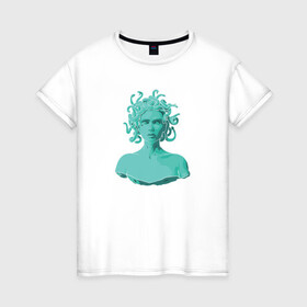 Женская футболка хлопок с принтом Медуза в Тюмени, 100% хлопок | прямой крой, круглый вырез горловины, длина до линии бедер, слегка спущенное плечо | Тематика изображения на принте: бюст | животные | змеи | медуза | медуза горгона | мифы | монстр | портрет | статуя | человек