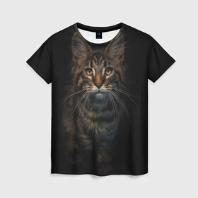 Женская футболка 3D с принтом Кот усатый в Тюмени, 100% полиэфир ( синтетическое хлопкоподобное полотно) | прямой крой, круглый вырез горловины, длина до линии бедер | cat | кот | котёнок | котик | кошка | мейн кун | полосатый | пушистый | усатый