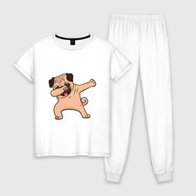 Женская пижама хлопок с принтом Мопс ДАБ в Тюмени, 100% хлопок | брюки и футболка прямого кроя, без карманов, на брюках мягкая резинка на поясе и по низу штанин | Тематика изображения на принте: даб | дабстеп | мопс | мопсик | пёс | собака | собачка