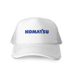 Кепка тракер с сеткой с принтом Komatsu в Тюмени, трикотажное полотно; задняя часть — сетка | длинный козырек, универсальный размер, пластиковая застежка | komatsu | бренд