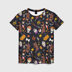 Женская футболка 3D с принтом Скуби-Ду Хэллоуин паттерн в Тюмени, 100% полиэфир ( синтетическое хлопкоподобное полотно) | прямой крой, круглый вырез горловины, длина до линии бедер | scooby doo | vdzabma | скуби ду