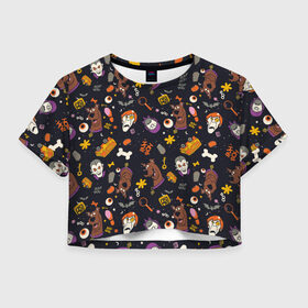 Женская футболка Crop-top 3D с принтом Скуби-Ду Хэллоуин паттерн в Тюмени, 100% полиэстер | круглая горловина, длина футболки до линии талии, рукава с отворотами | scooby doo | vdzabma | скуби ду