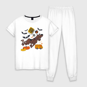Женская пижама хлопок с принтом Скуби-Ду Хэллоуин в Тюмени, 100% хлопок | брюки и футболка прямого кроя, без карманов, на брюках мягкая резинка на поясе и по низу штанин | scooby doo | vdzabma | скуби ду