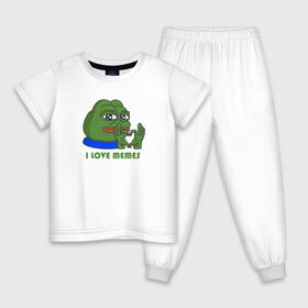 Детская пижама хлопок с принтом Я люблю мемы! в Тюмени, 100% хлопок |  брюки и футболка прямого кроя, без карманов, на брюках мягкая резинка на поясе и по низу штанин
 | Тематика изображения на принте: люблюмемы | лягушка | мем | мемы | пепе